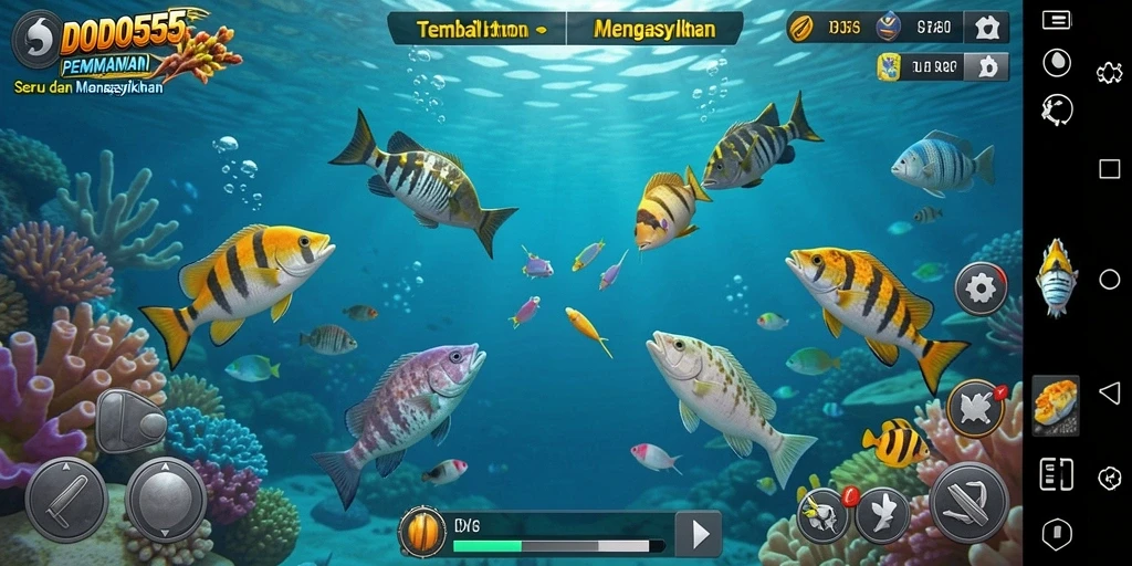 Screenshot gameplay DODO555 menampilkan aksi seru menembak ikan.