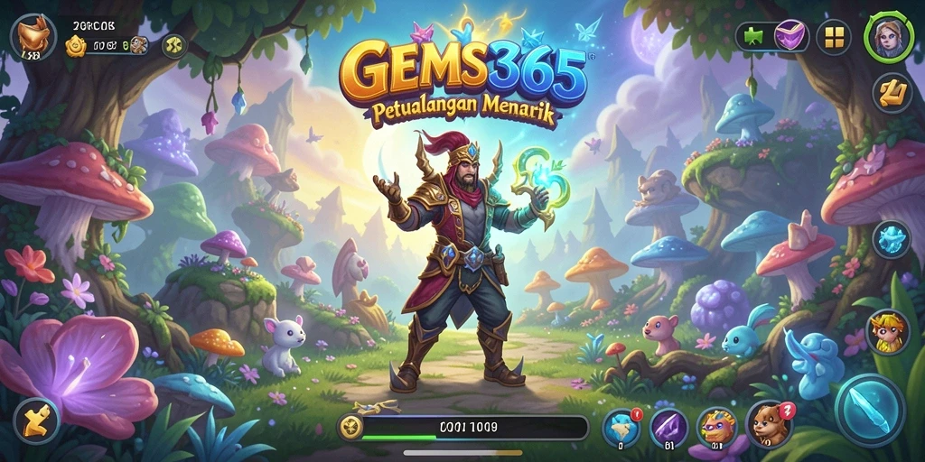 Screenshot GEMS365 menunjukkan karakter menjelajahi dunia petualangan yang kaya.