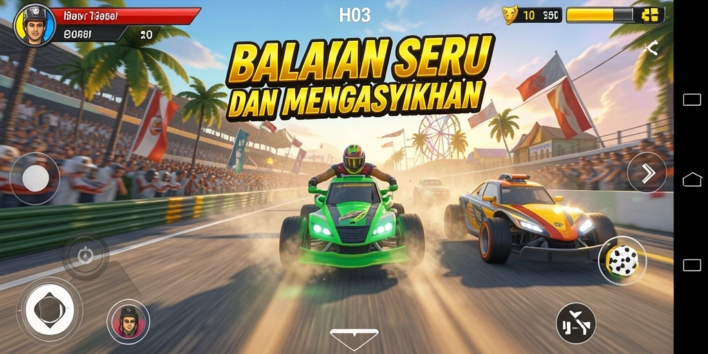 Screenshot gameplay H03 menampilkan aksi balap yang seru dan menegangkan.