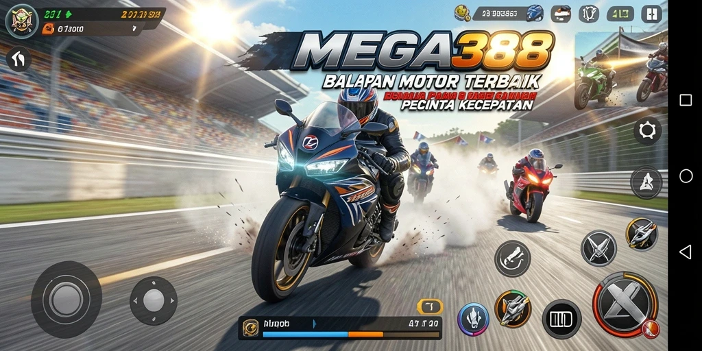Gameplay seru MEGA388 dengan motor balap yang cepat.