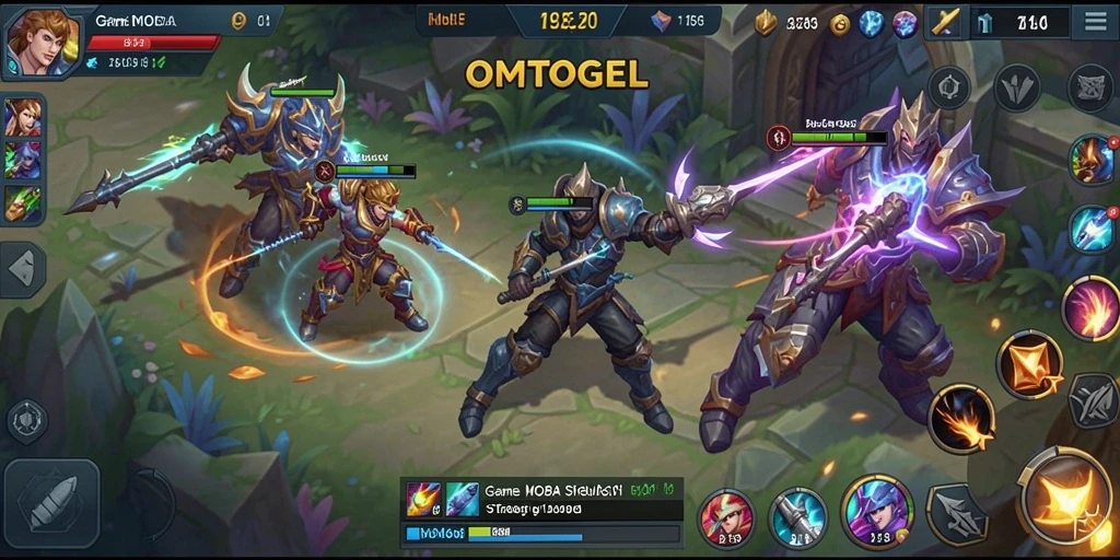 Tampilan seru gameplay MOBA dalam OMTOGEL dengan aksi karakter yang dinamis.