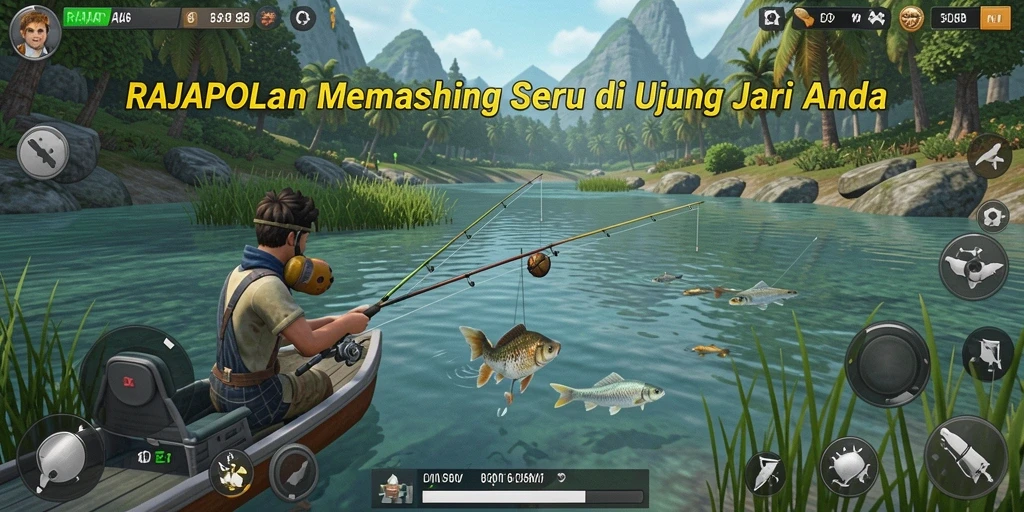 Tampilan gameplay RAJAPOLA yang menarik saat menangkap ikan.